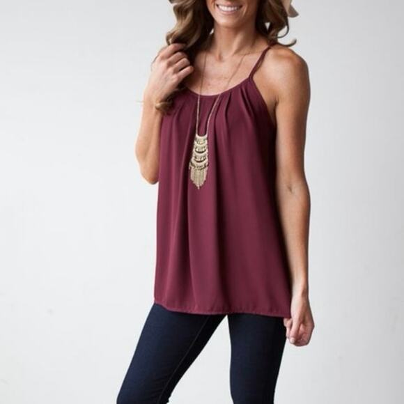 Francesca’s Mi Ami Pleated High Neck Sleeveless Tank Top Burgundy Large EUC - Picture 1 of 4